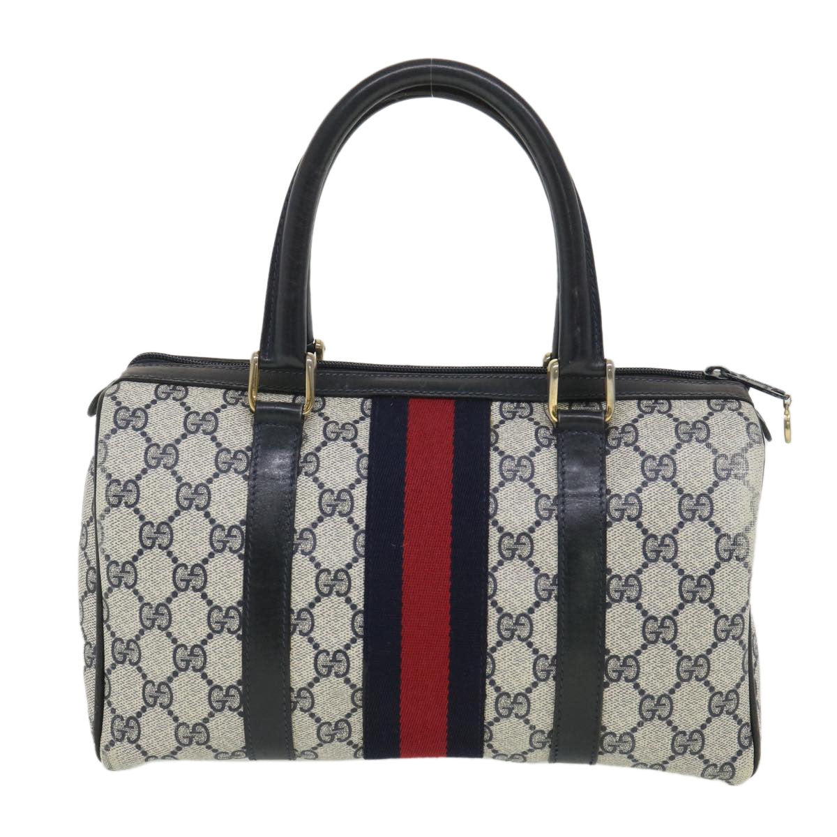 GUCCI GG Canvas Sherry Line Hand Bag PVC Leather Gray Red Navy Auth am3714