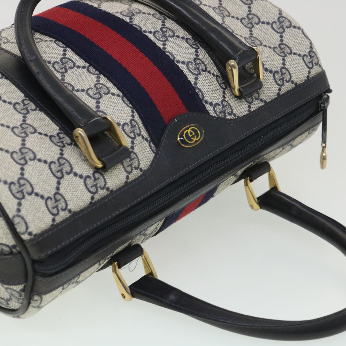 GUCCI GG Canvas Sherry Line Hand Bag PVC Leather Gray Red Navy Auth am3714