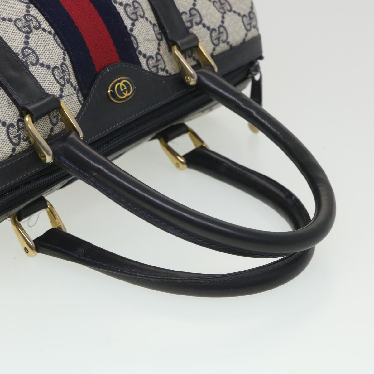 GUCCI GG Canvas Sherry Line Hand Bag PVC Leather Gray Red Navy Auth am3714