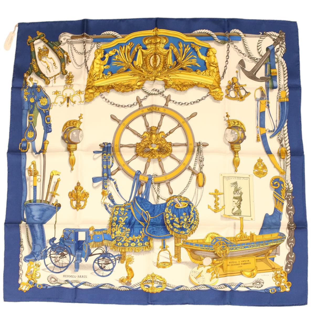 HERMES Carre 90 Scarf Musee Silk Blue Auth am3813