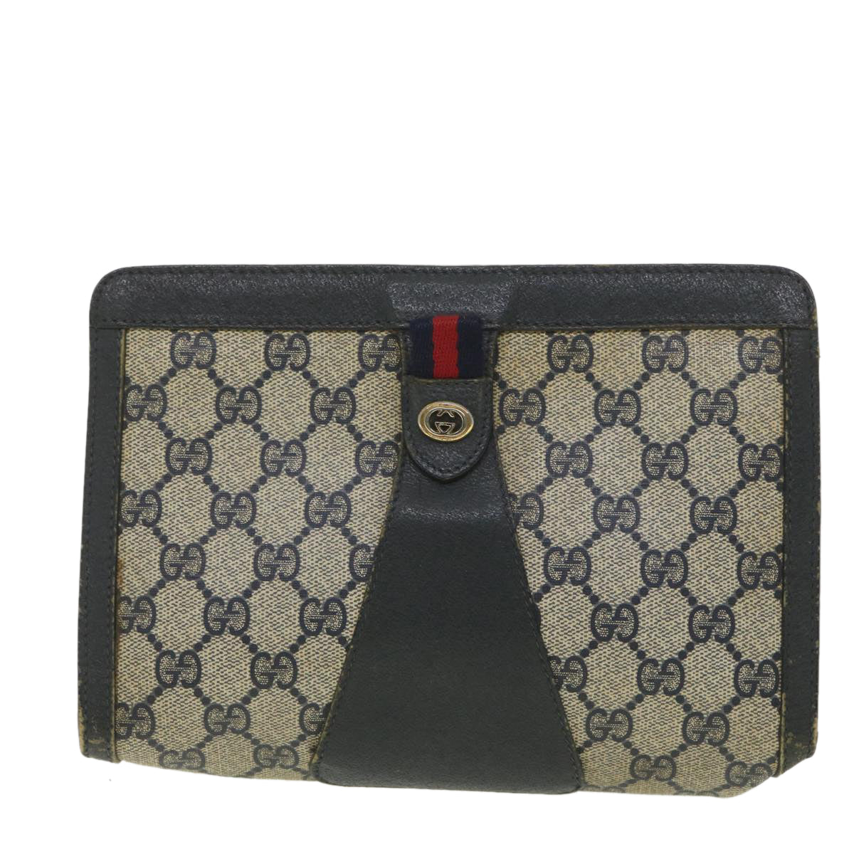 GUCCI GG Canvas Sherry Line Clutch Bag Gray Red Navy 89.01.032 Auth am4045