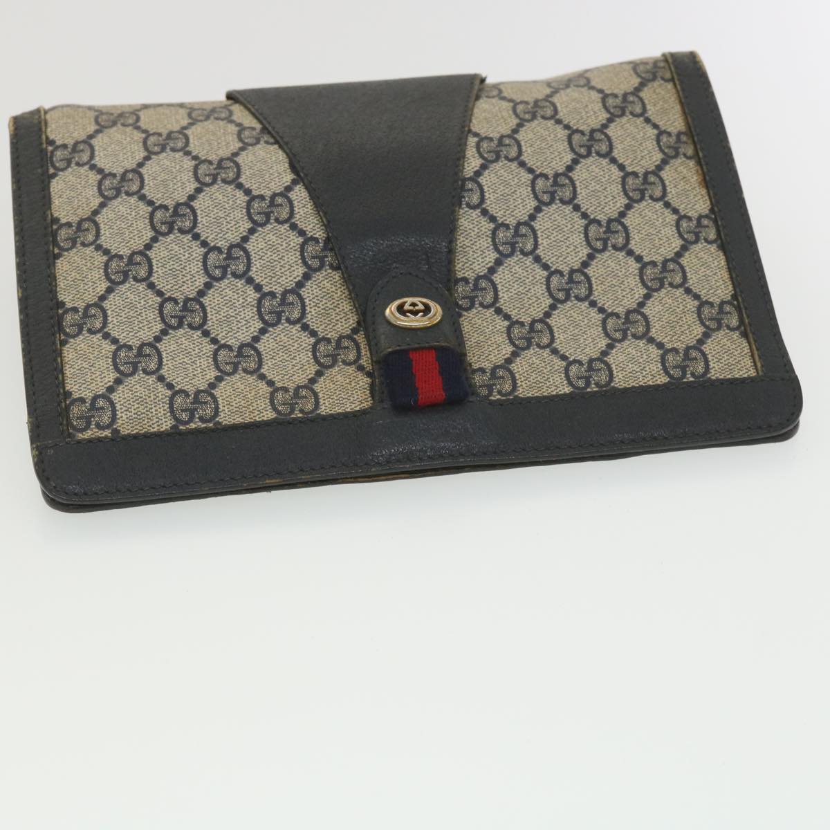 GUCCI GG Canvas Sherry Line Clutch Bag Gray Red Navy 89.01.032 Auth am4045