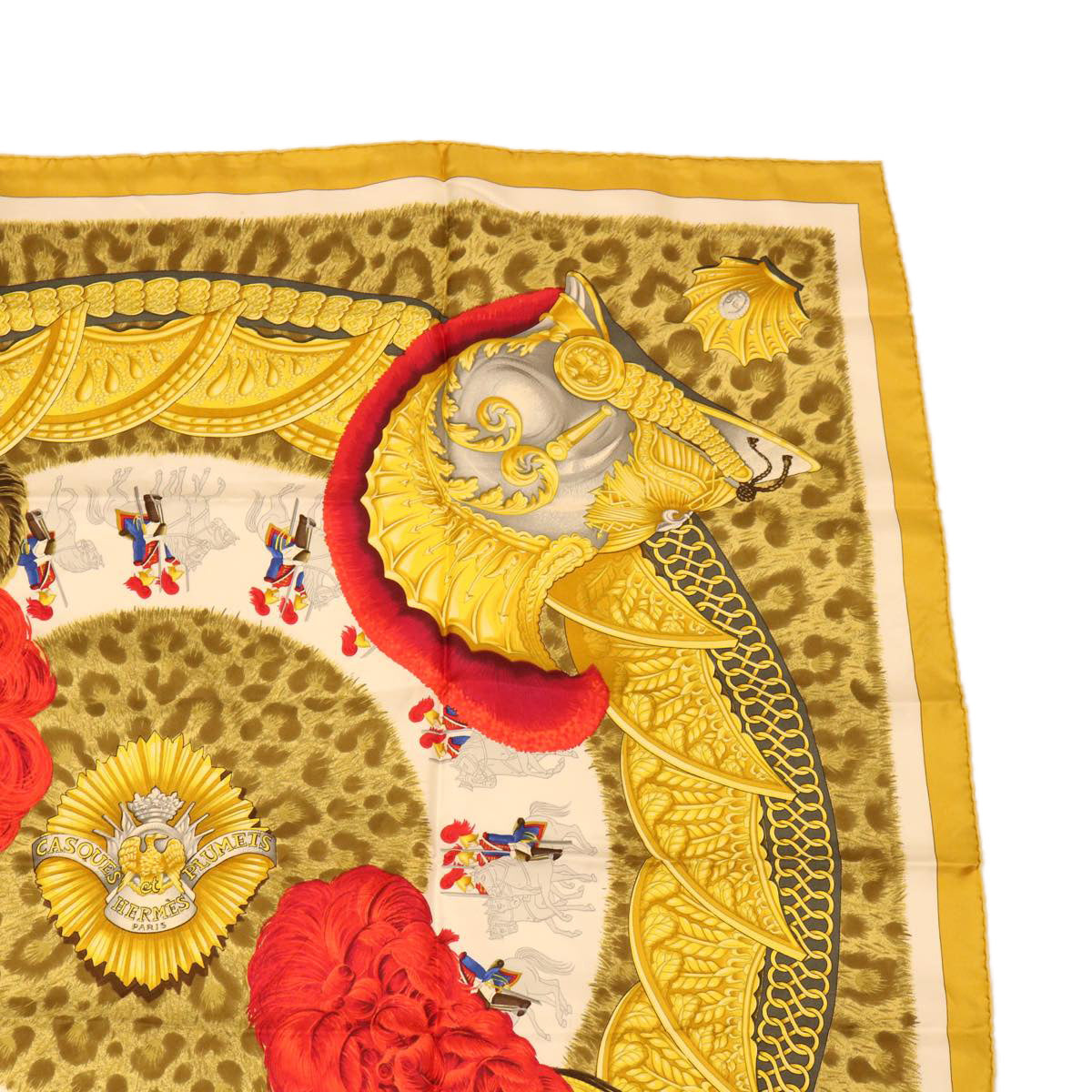 HERMES Carre 90 Scarf ""CASQUES et PLUMETS"" Silk Yellow Auth am4103