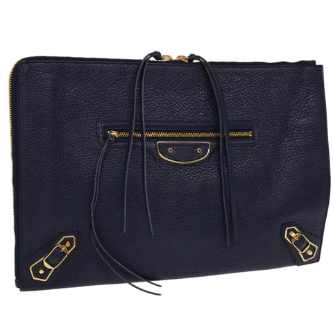 BALENCIAGA Clutch Bag Leather Navy Auth am4162