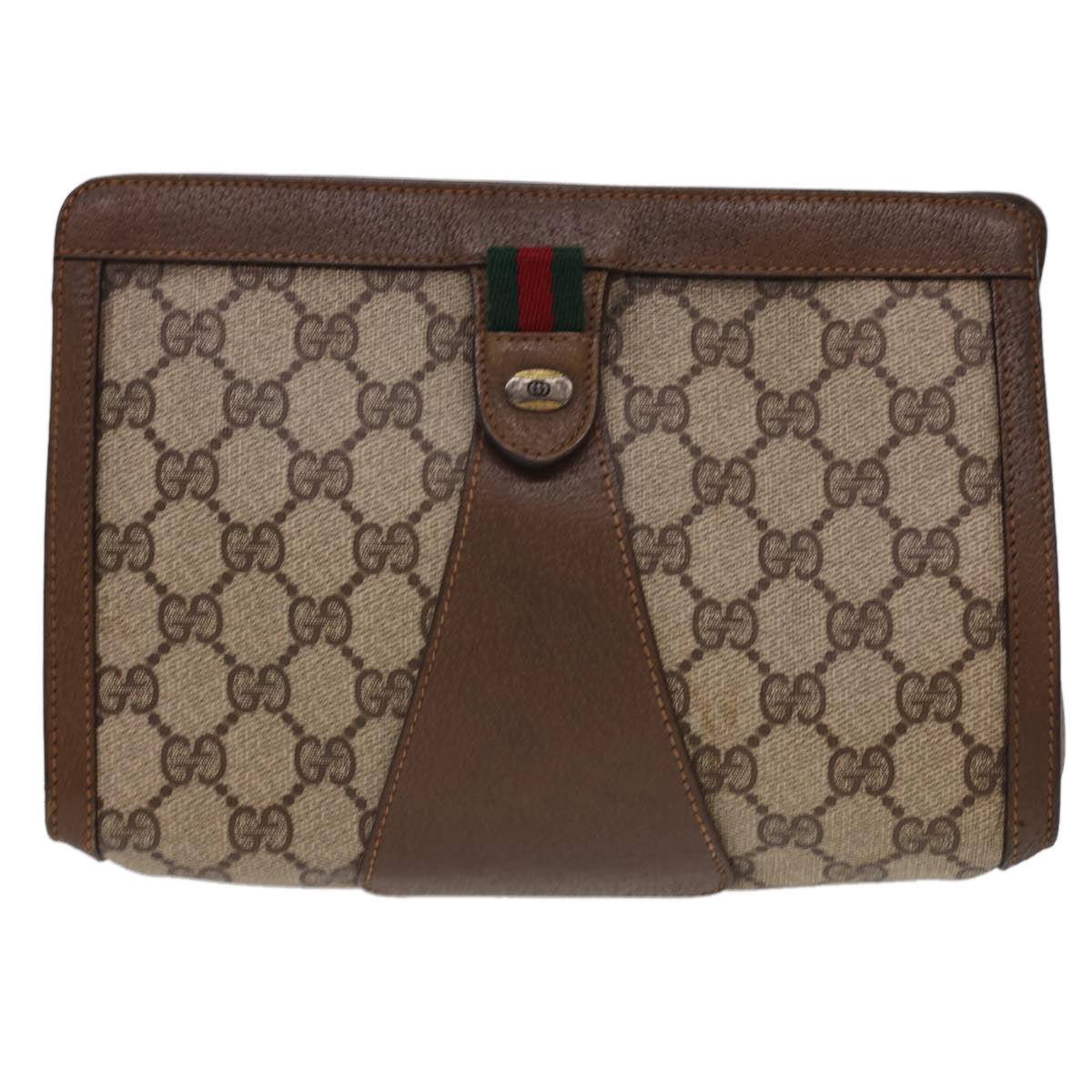 GUCCI GG Canvas Web Sherry Line Clutch Bag PVC Leather Beige Red Auth am4171