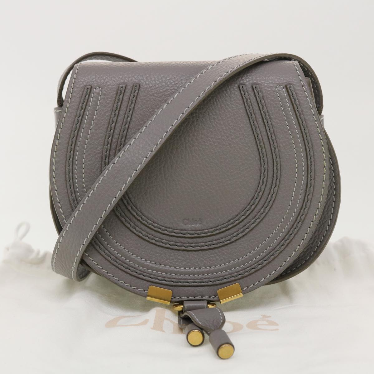 Chloe Mercy Small Saddle Shoulder Bag Leather Gray Auth am4200