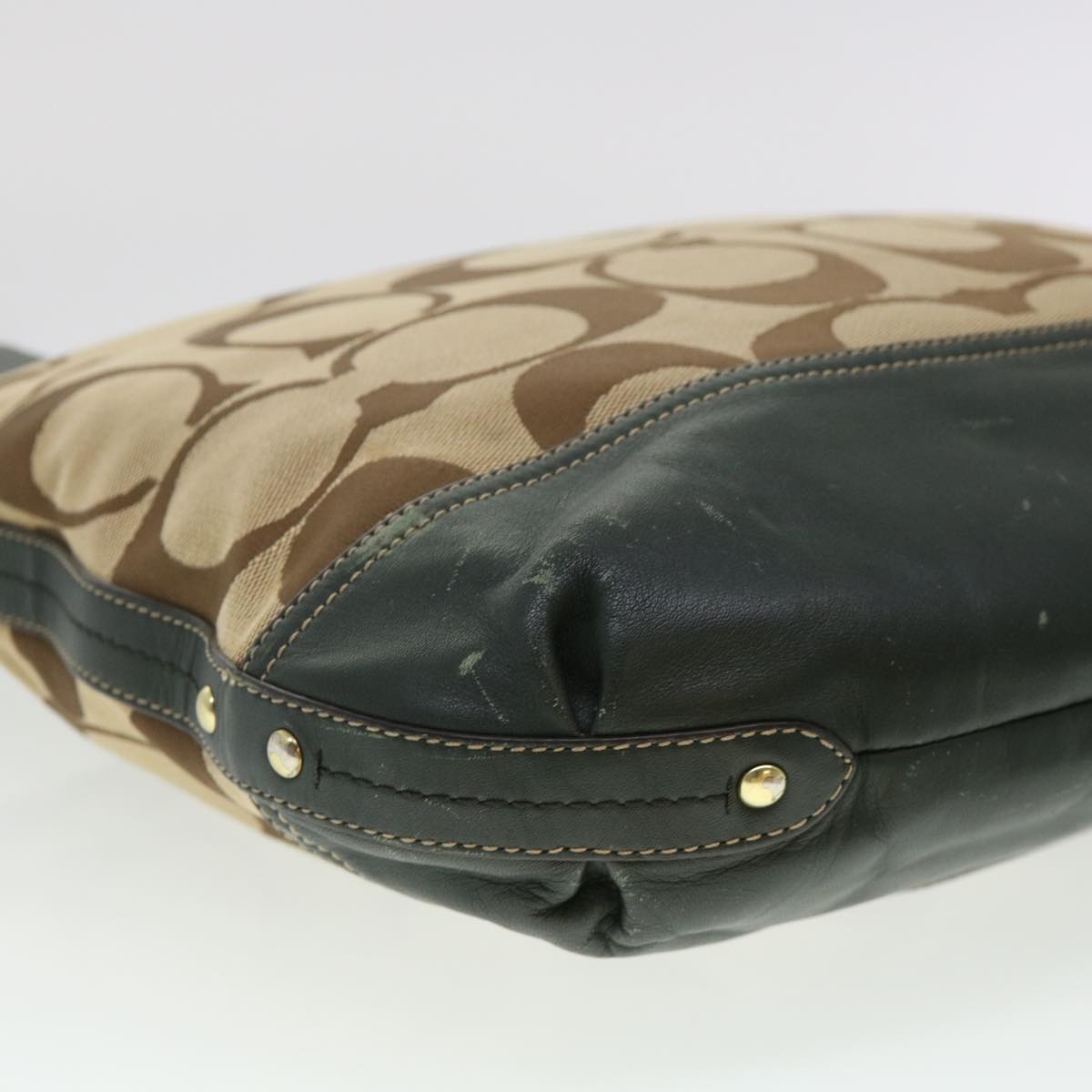 Coach Signature Shoulder Bag Canvas Leather Beige Khaki Brown Auth am4217
