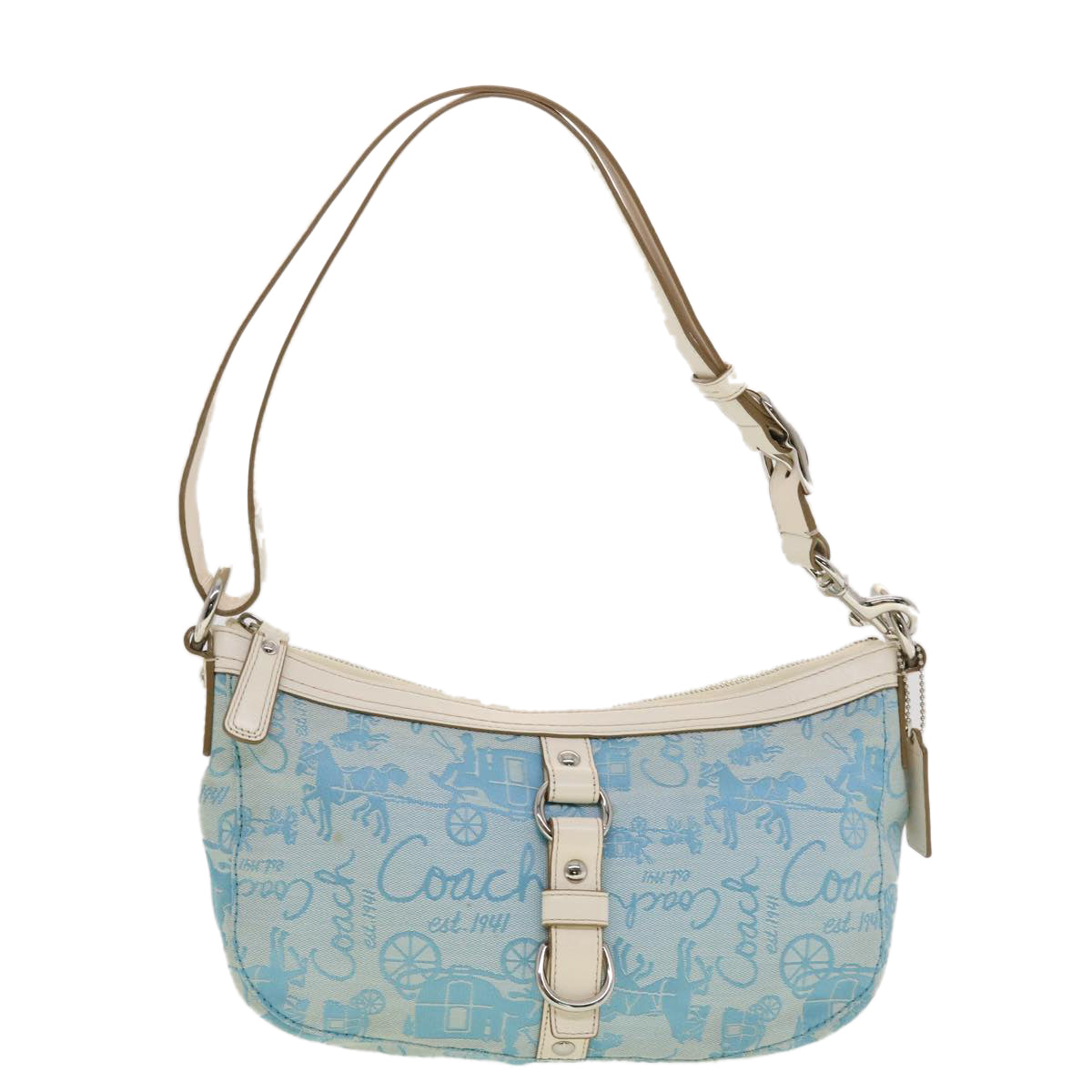 Coach Horse & Carriage Shoulder Bag Canvas Leather Light Blue White Auth am4218