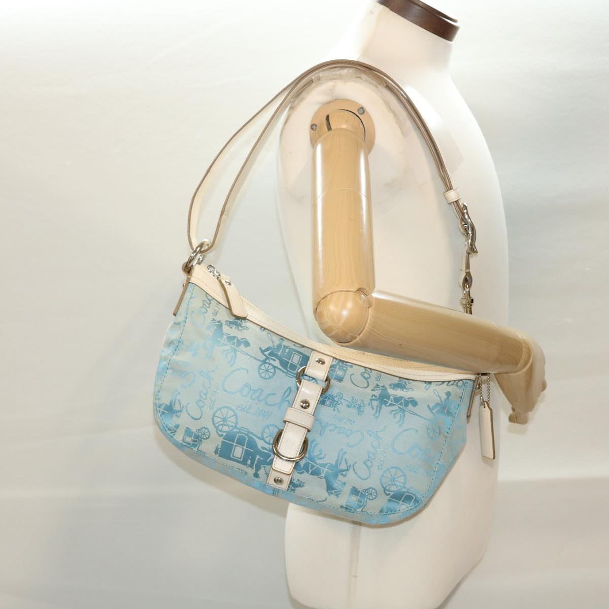 Coach Horse & Carriage Shoulder Bag Canvas Leather Light Blue White Auth am4218