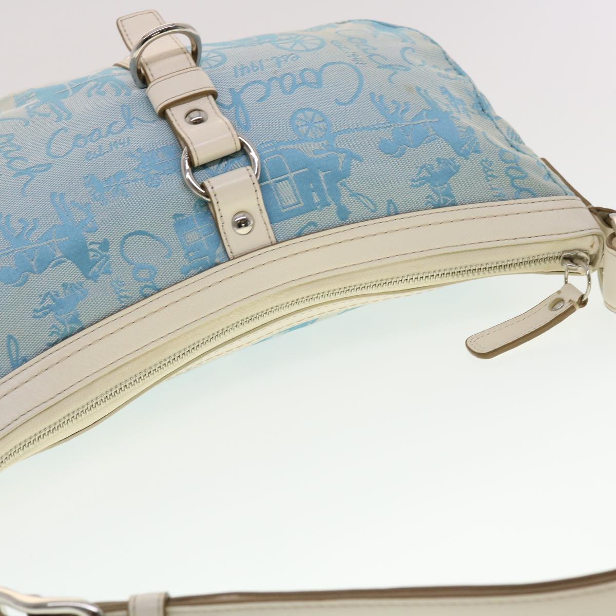 Coach Horse & Carriage Shoulder Bag Canvas Leather Light Blue White Auth am4218