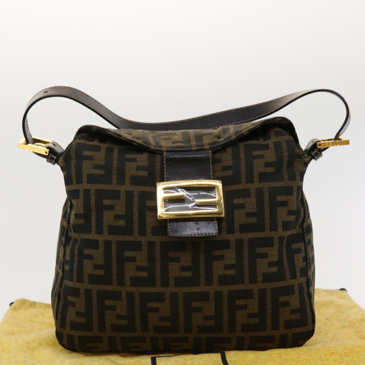 FENDI Zucca Canvas Mamma Baguette Shoulder Bag Nylon Brown Black Auth am4225