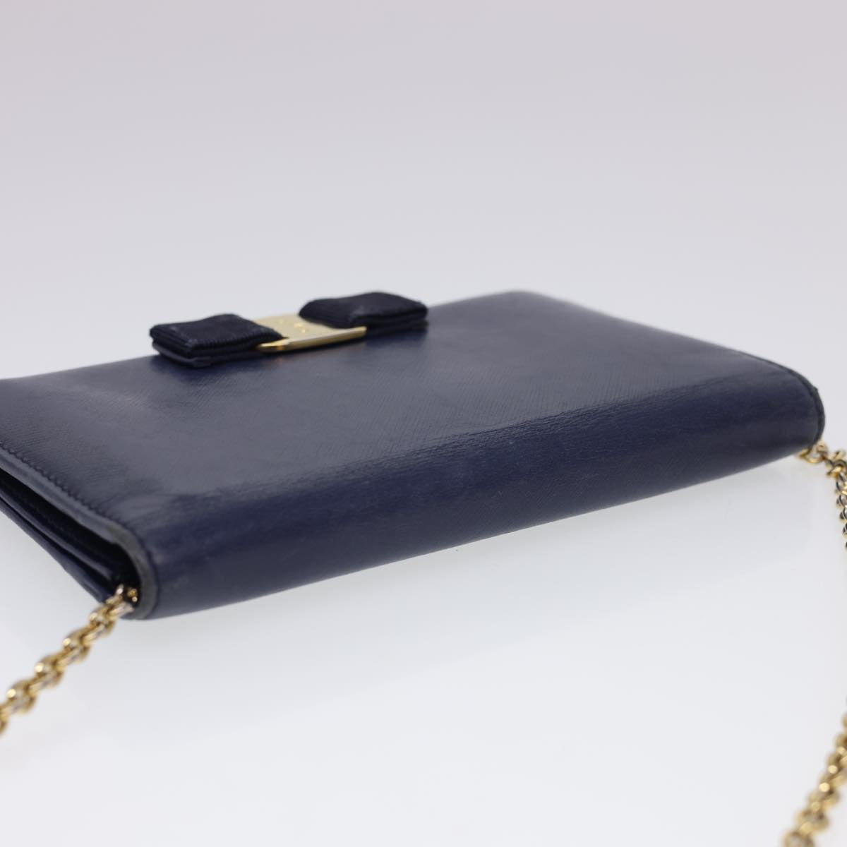 Salvatore Ferragamo Chain Wallet Saffiano Leather Blue Auth am4245