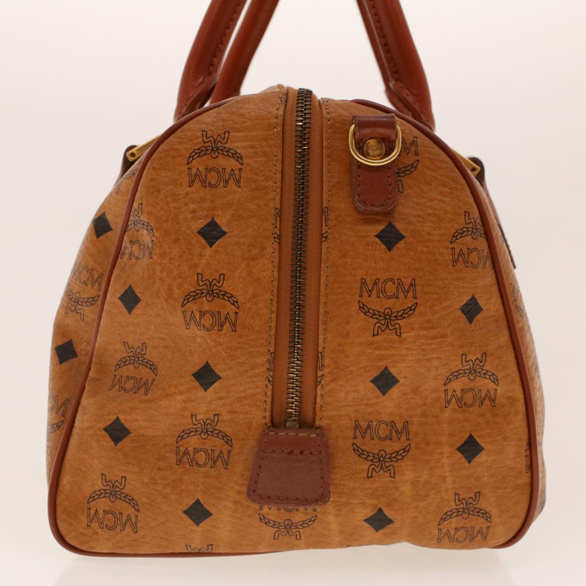 MCM Vicetos Logogram Boston Bag PVC Leather Brown Auth am4352