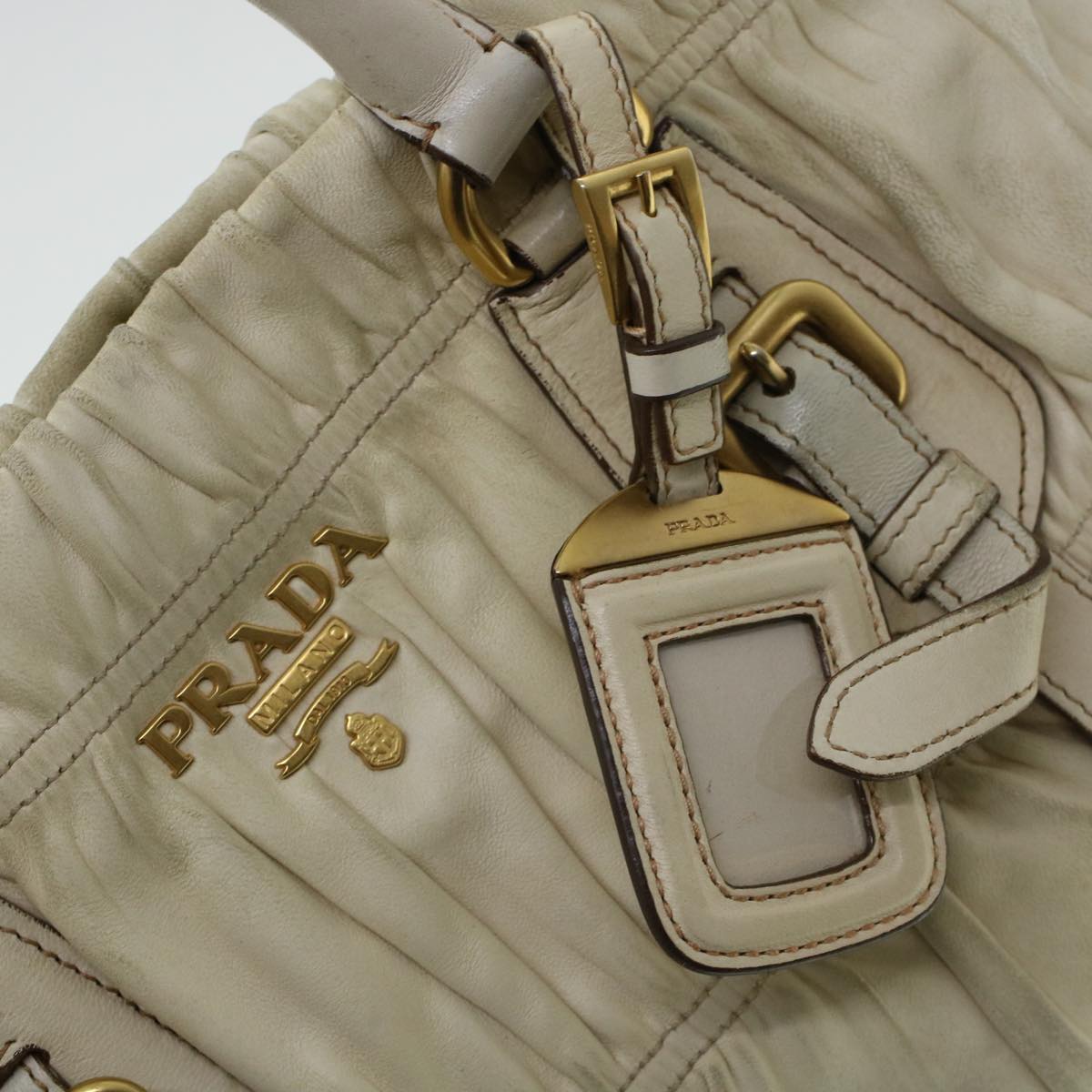 PRADA Hand Bag Leather Beige Auth am4391