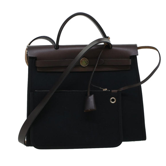 HERMES Herbag Zip PM Hand Bag Canvas 2way Black Auth am4398