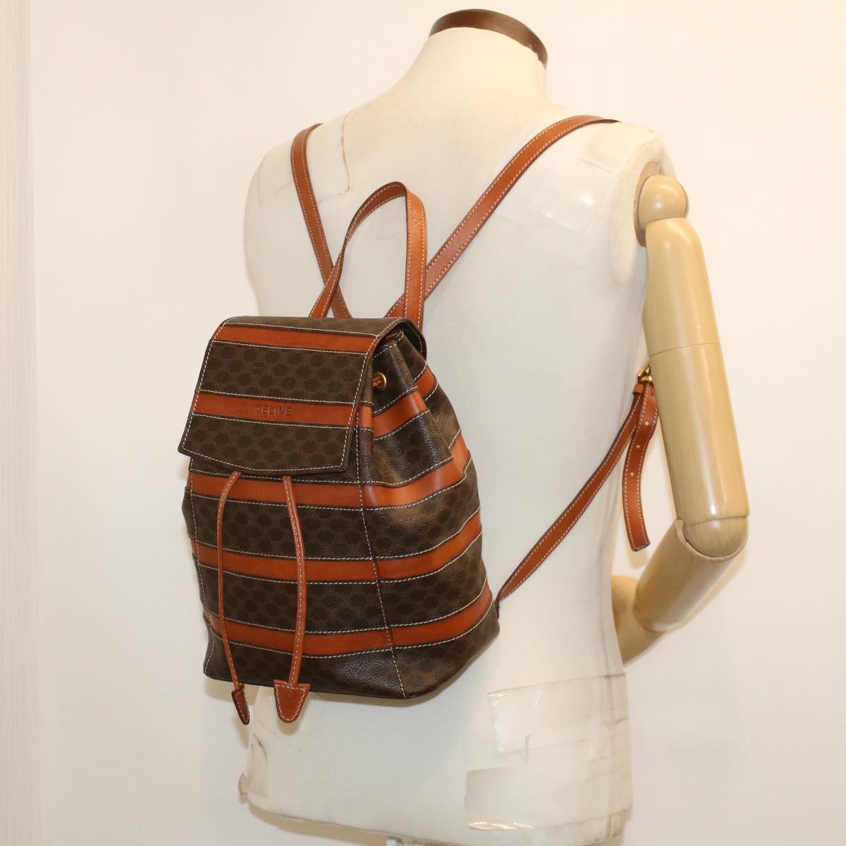 CELINE Macadam Canvas Backpack PVC Leather Brown Auth am4403