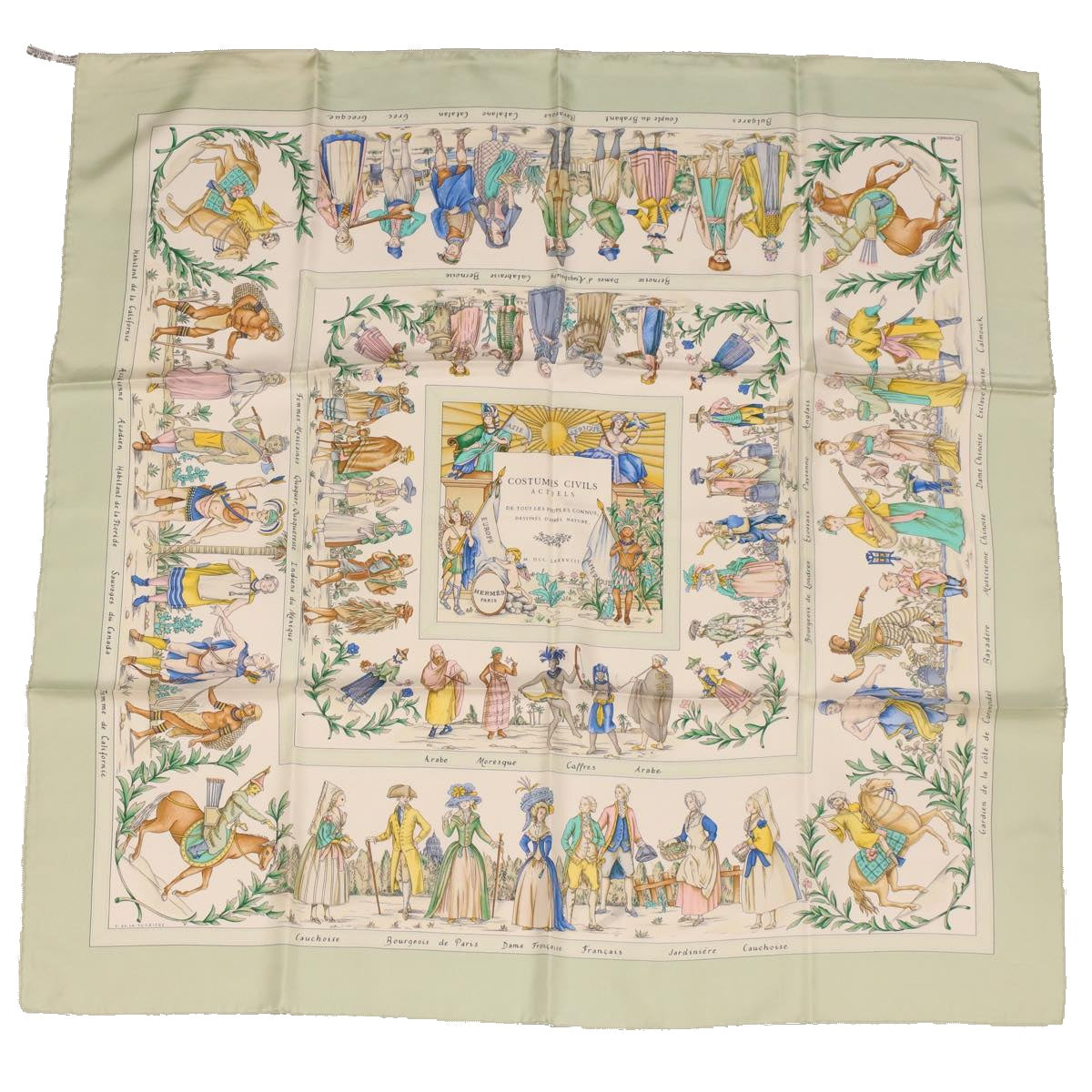 HERMES Carre 90 Scarf ""COSTUMES CIVILS ACTUELS"" Silk Green Auth am4429