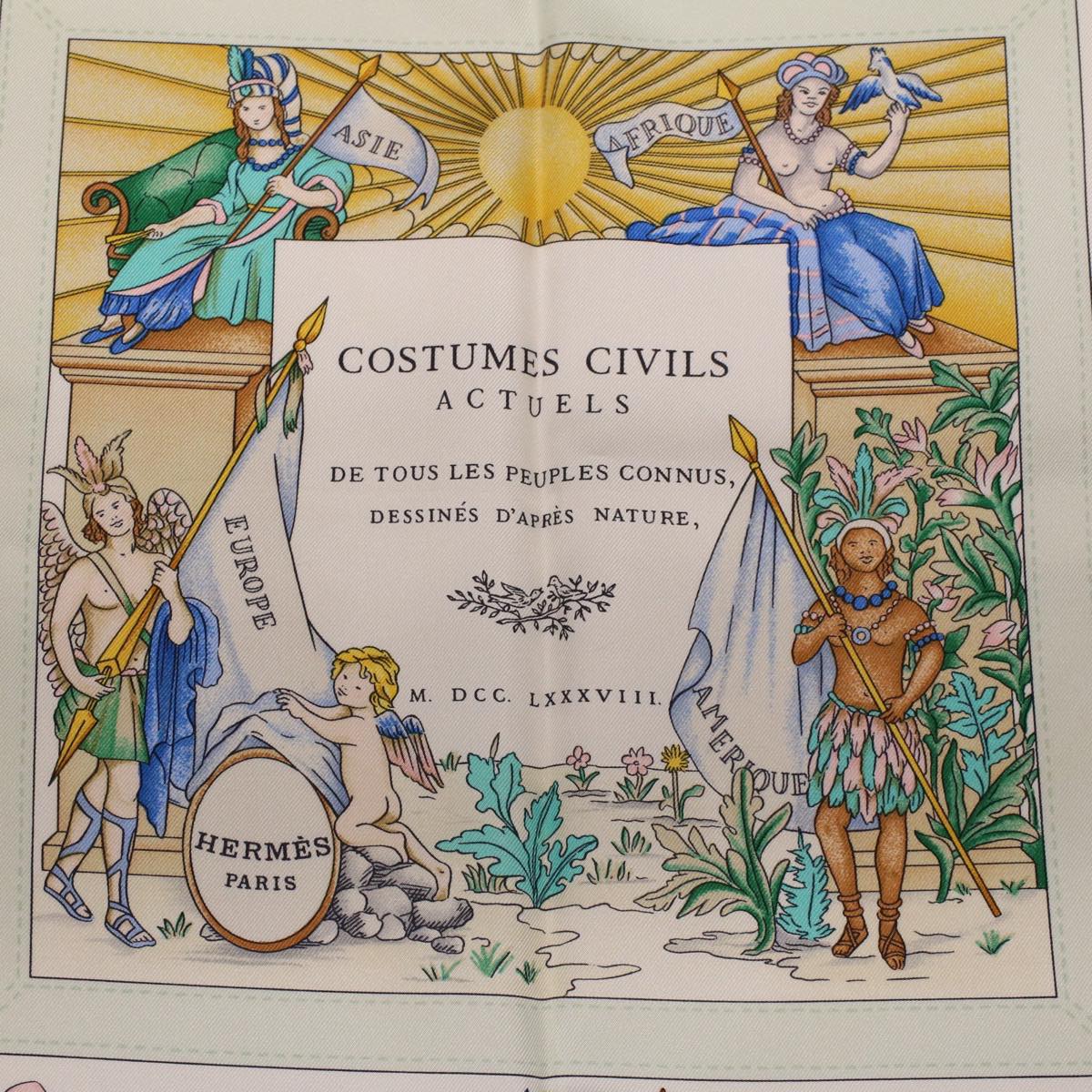 HERMES Carre 90 Scarf ""COSTUMES CIVILS ACTUELS"" Silk Green Auth am4429