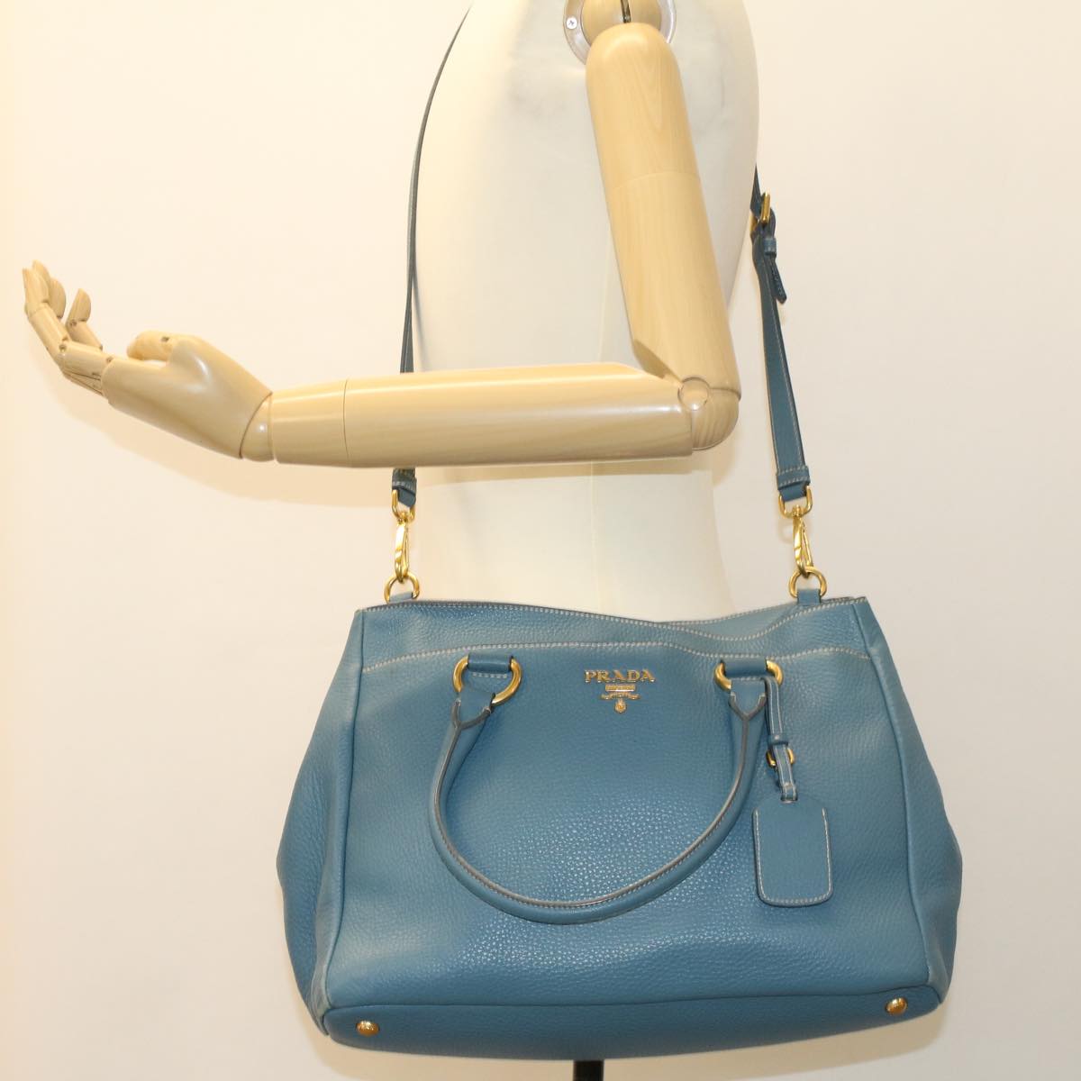 PRADA Hand Bag Leather 2way Shoulder Bag Blue Auth am4466