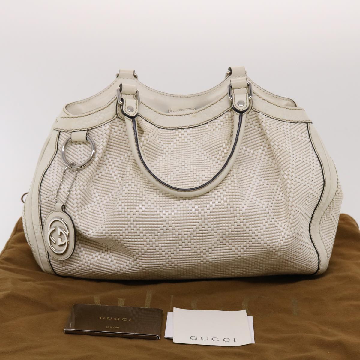 GUCCI Diamante GG Canvas Hand Bag Leather White 211944 Auth am4493