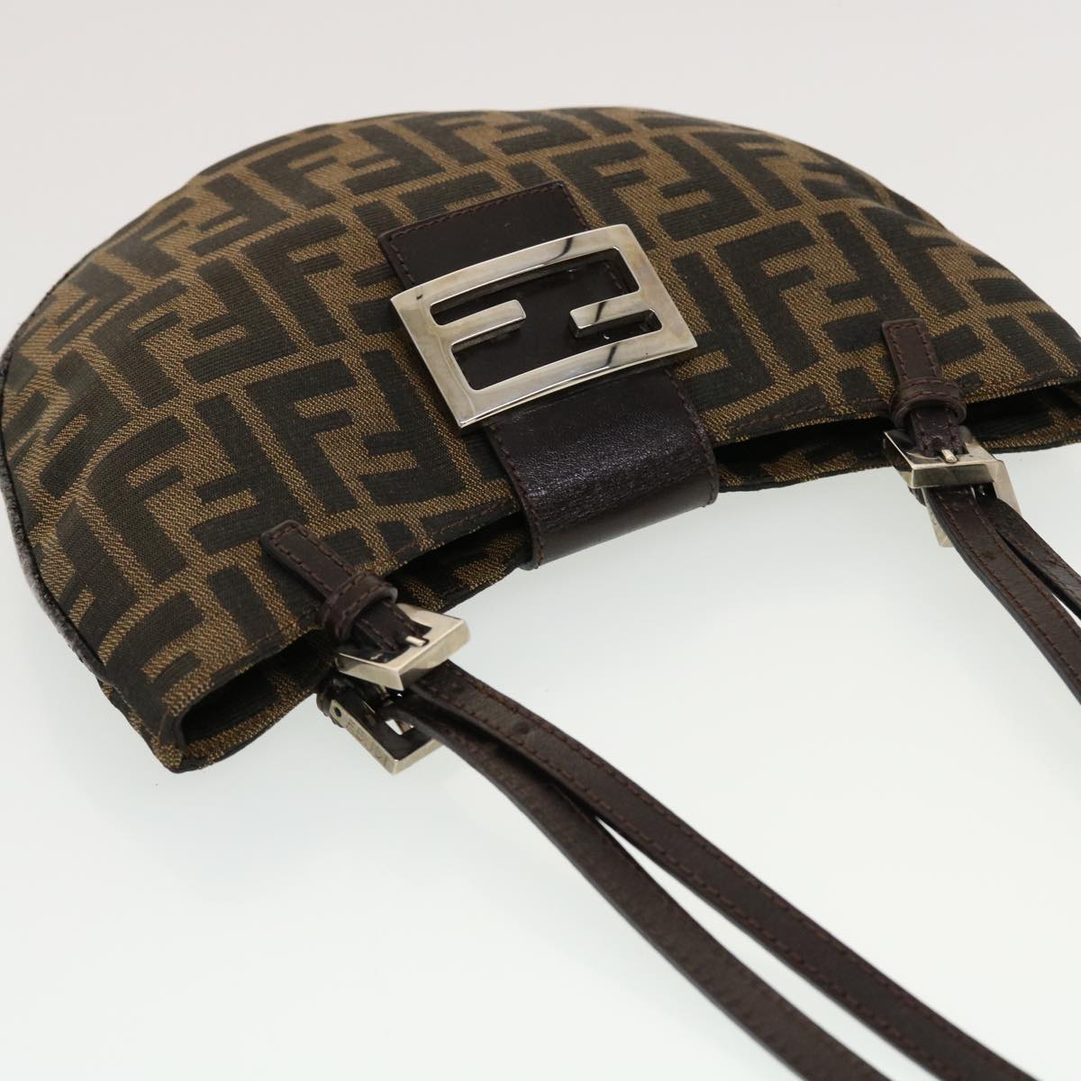 FENDI Zucca Canvas Mamma Baguette Shoulder Bag Nylon Brown Black Auth am4494