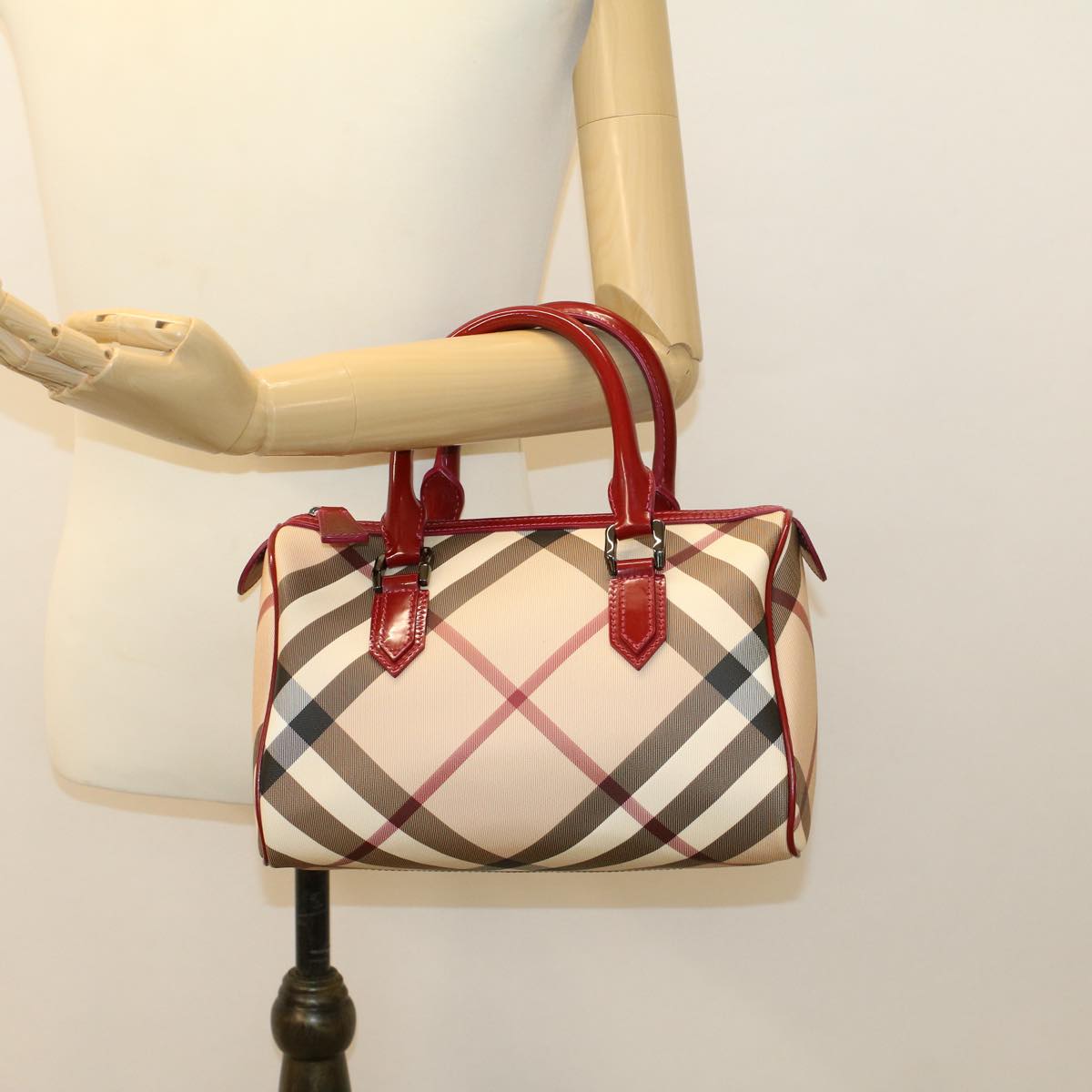 BURBERRY Nova Check Boston Bag PVC Leather Beige Auth am4567