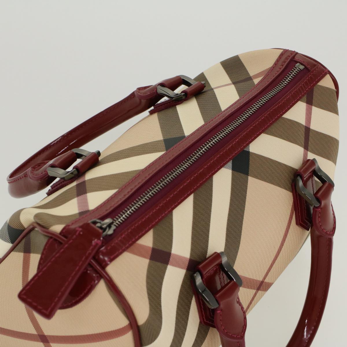 BURBERRY Nova Check Boston Bag PVC Leather Beige Auth am4567