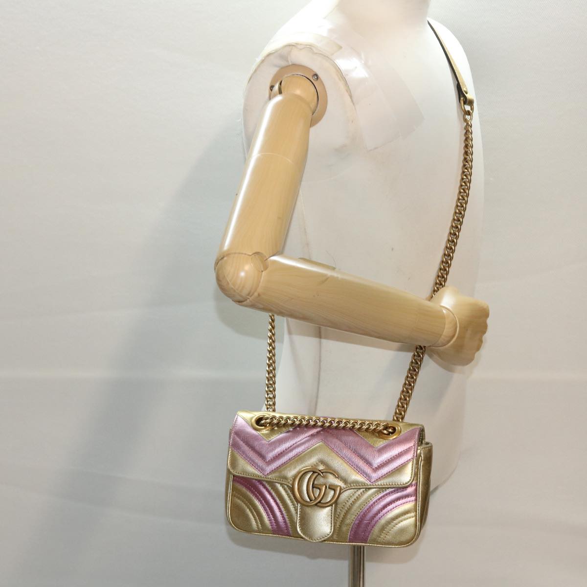 GUCCI GG Marmont Chain Shoulder Bag Leather Gold 446744 Auth am4580