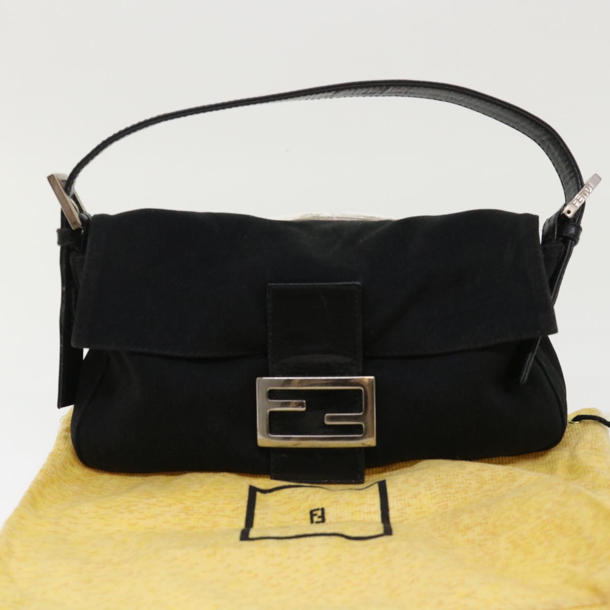 FENDI Mamma Baguette Shoulder Bag Nylon Leather Black Auth am4595