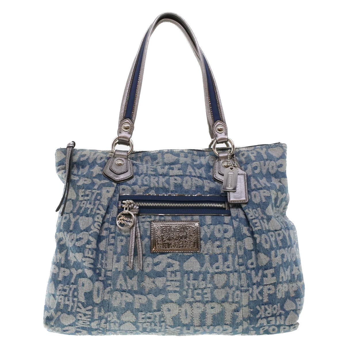 Coach Hand Bag Canvas Leather 2Set Beige Blue Auth am4604 - 0