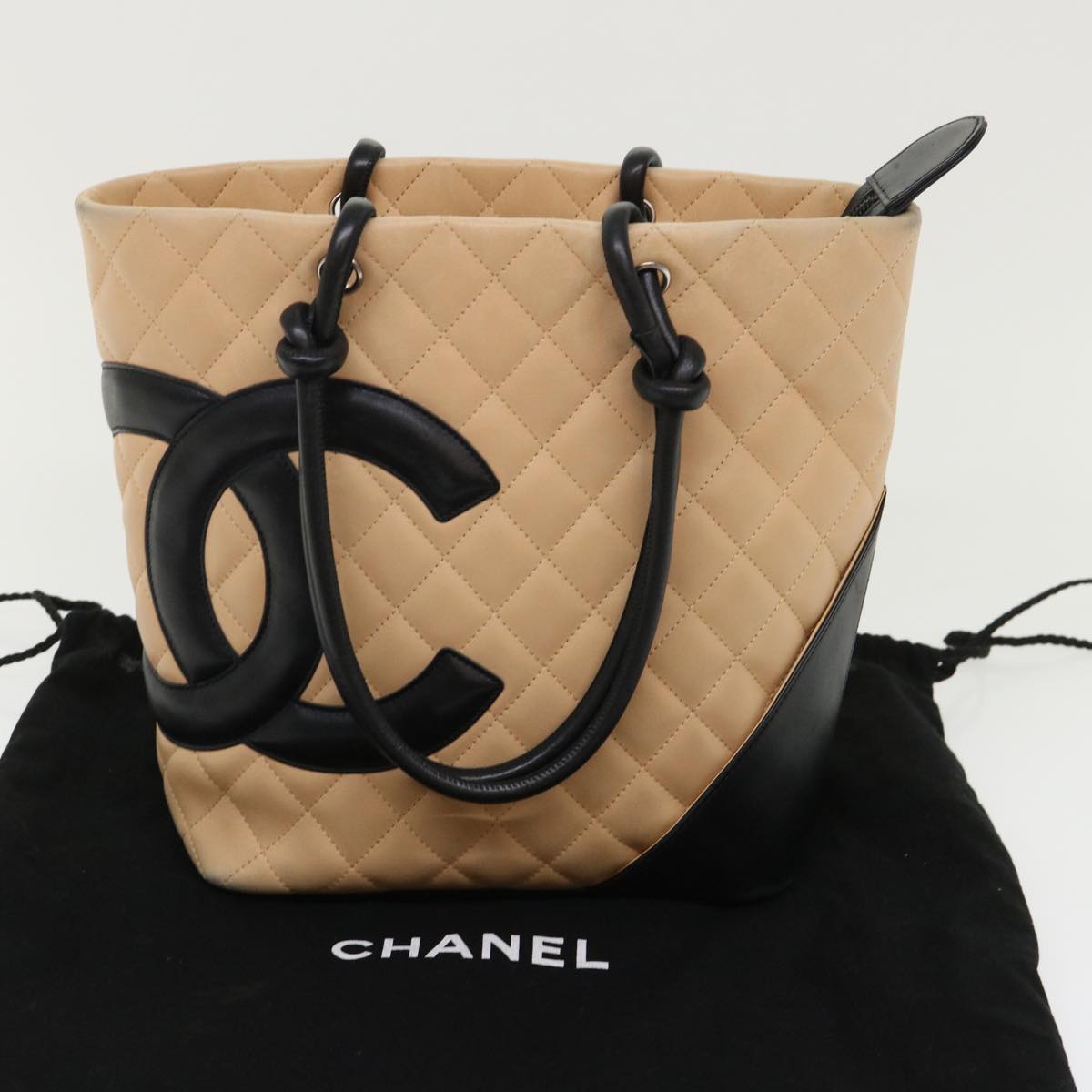 CHANEL Cambon Line Tote Bag Leather Beige CC Auth am4685