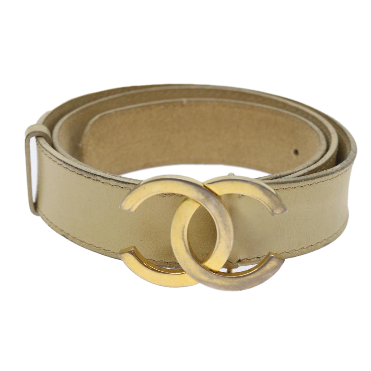 CHANEL COCO Mark Belt Leather 33.1"" Beige CC Auth am4714