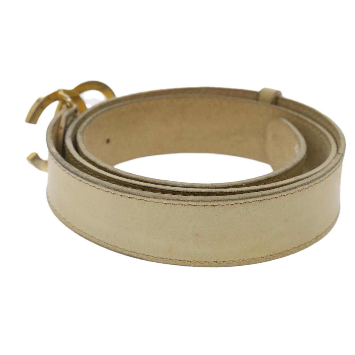 CHANEL COCO Mark Belt Leather 33.1"" Beige CC Auth am4714