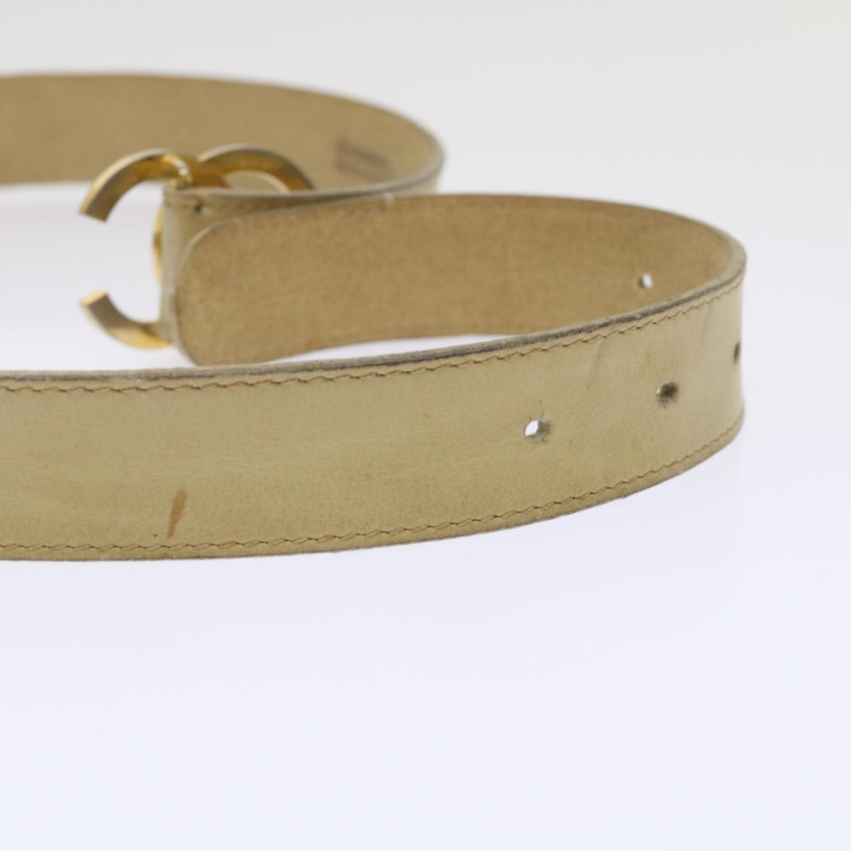 CHANEL COCO Mark Belt Leather 33.1"" Beige CC Auth am4714