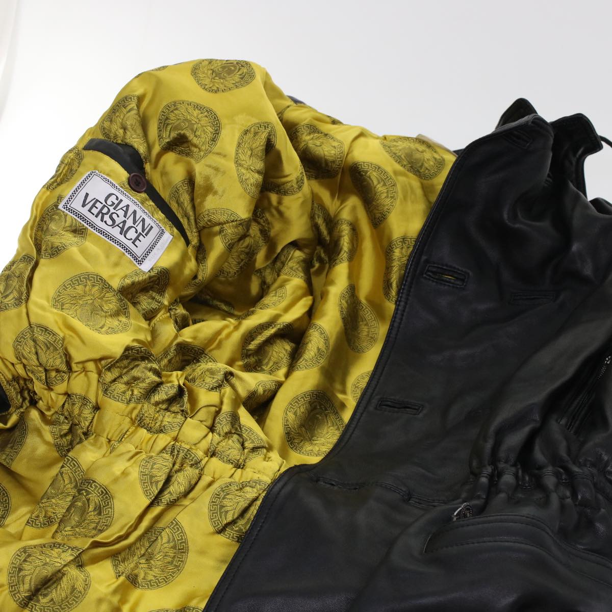 Gianni Versace Medusa Hoodie Jacket Leather Rayon Black Yellow Auth am4783