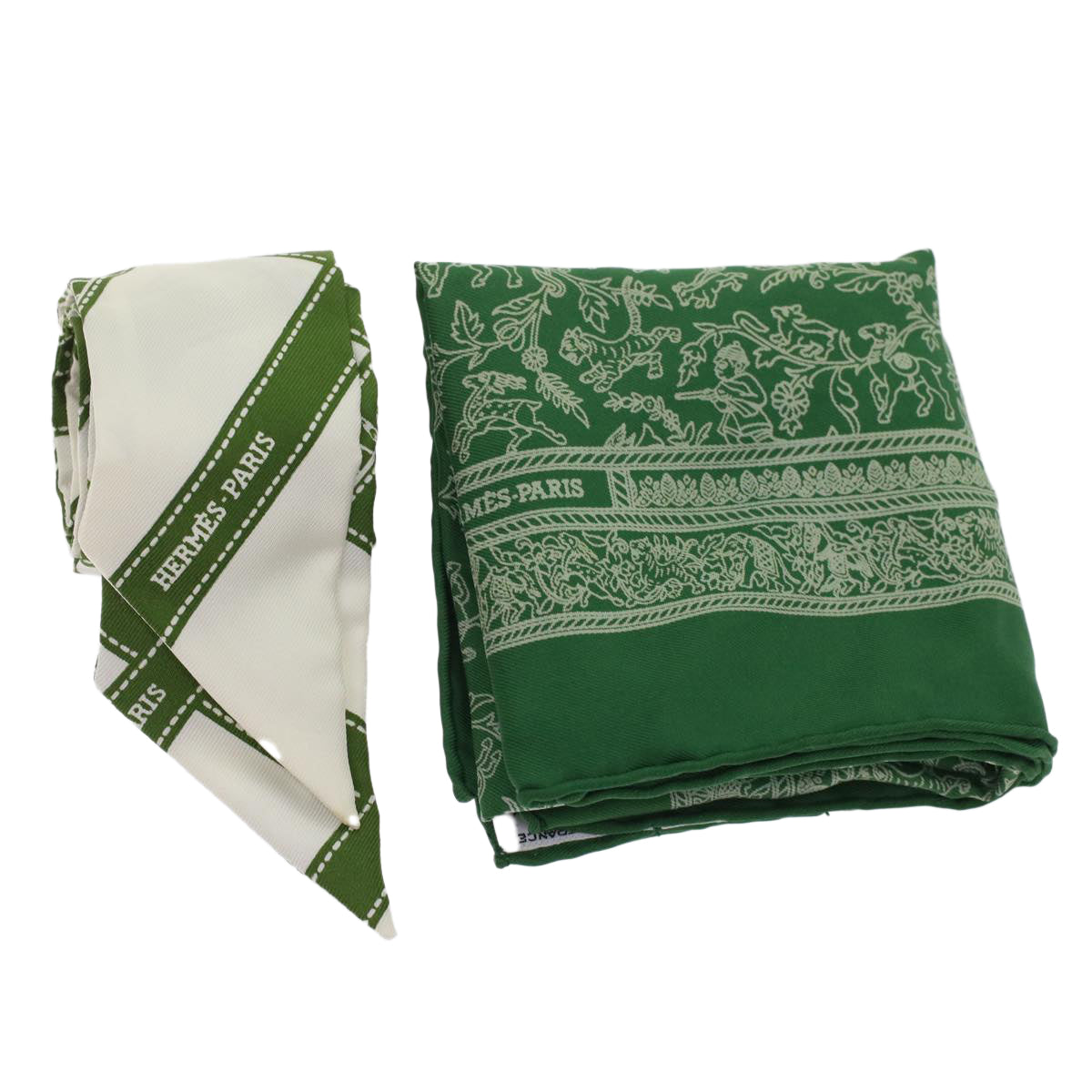 HERMES Twilly Handkerchief Silk 2Set Green Auth am4823