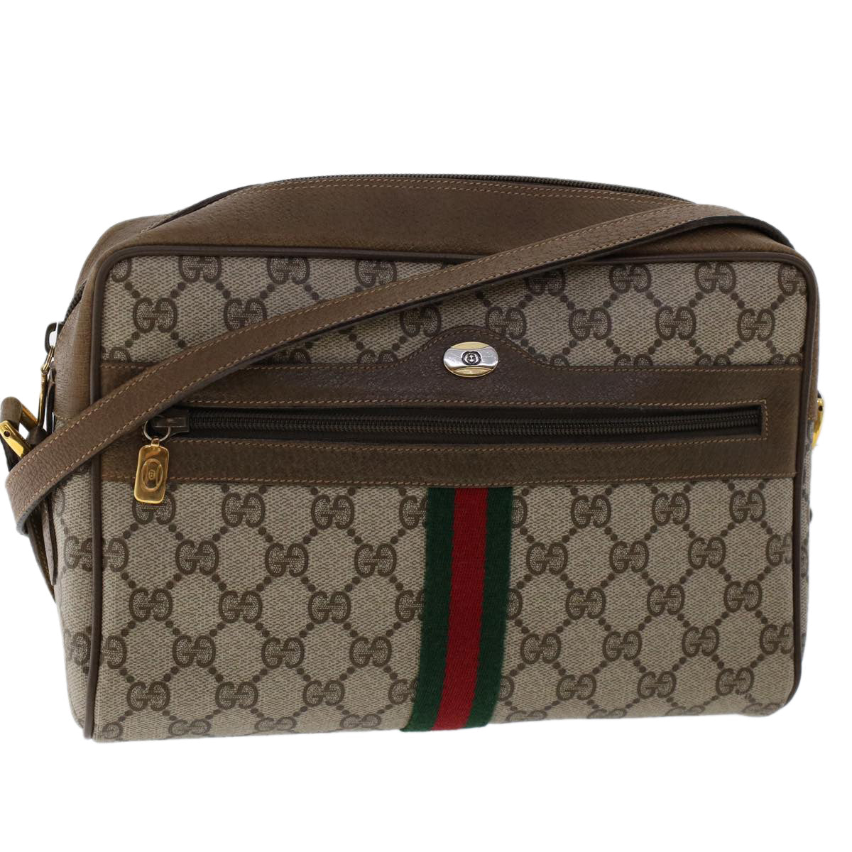 GUCCI GG Canvas Web Sherry Line Shoulder Bag PVC Leather Beige Red Auth am4836