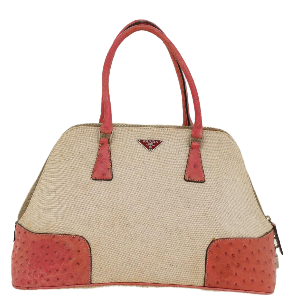 PRADA Hand Bag Canvas Leather Beige Pink Auth am4837