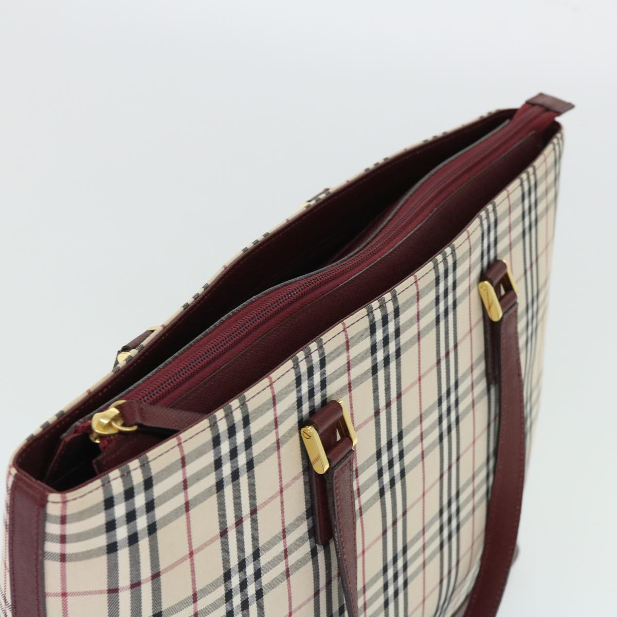 BURBERRY Nova Check Tote Bag Canvas Leather Beige Wine Red black Auth am4848