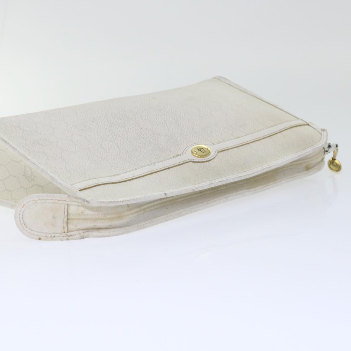 Christian Dior Honeycomb Canvas Clutch Bag White Auth am4852