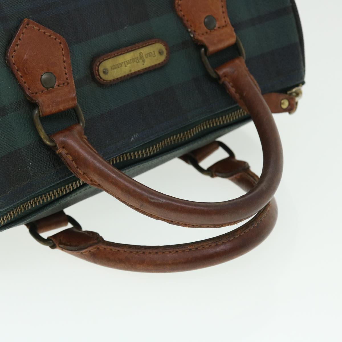 Poro Ralph Lauren Plaid Pattern Hand Bag PVC Leather Green Brown Auth am4869