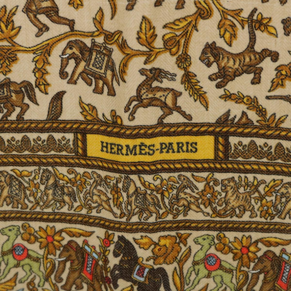 HERMES Carre 90 CHASSE EN INDE Scarf Silk Cashmere Brown Auth am4909