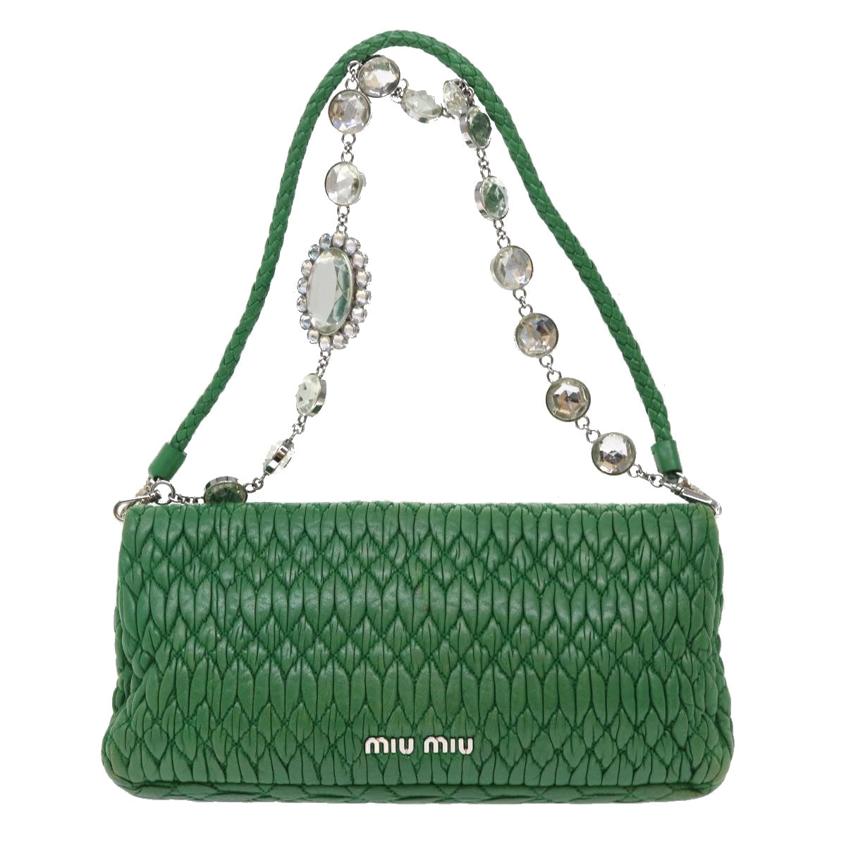 Miu Miu Materasse Crystal Bijoux Shoulder Bag Leather 2way Green Auth am4947