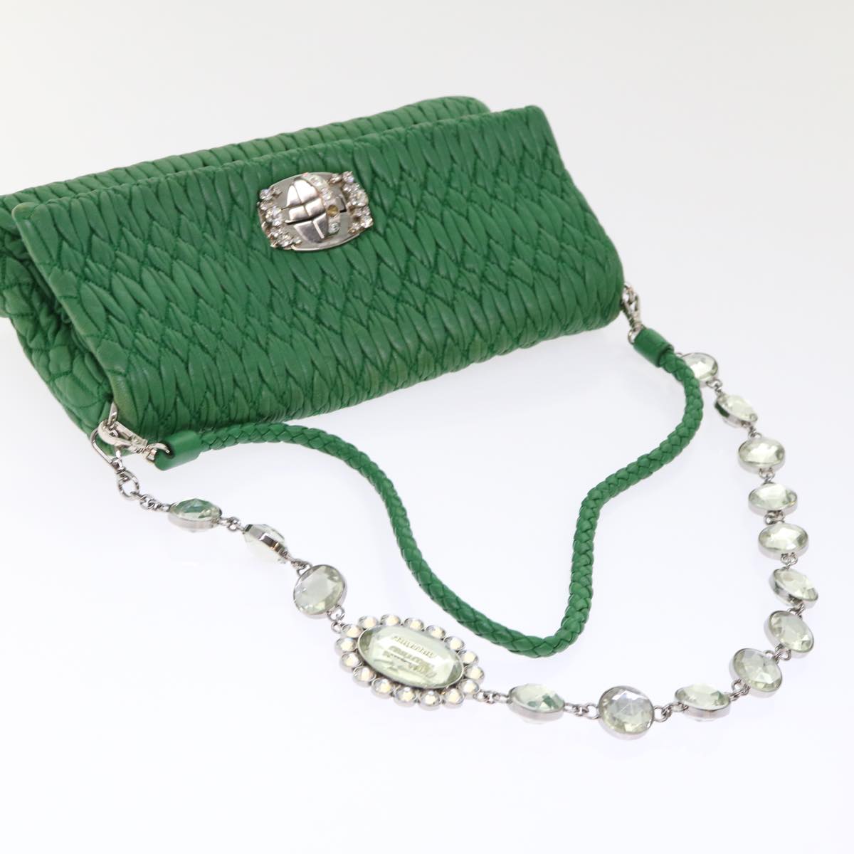 Miu Miu Materasse Crystal Bijoux Shoulder Bag Leather 2way Green Auth am4947