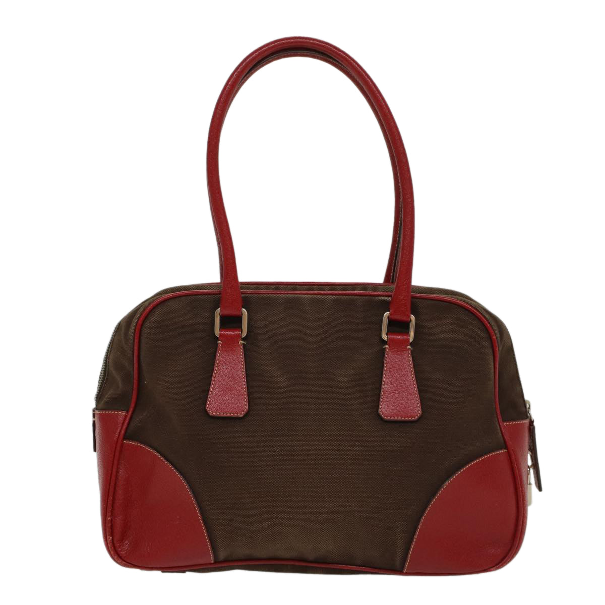 PRADA Shoulder Bag Canvas Leather Brown Red Auth am4966 - 0