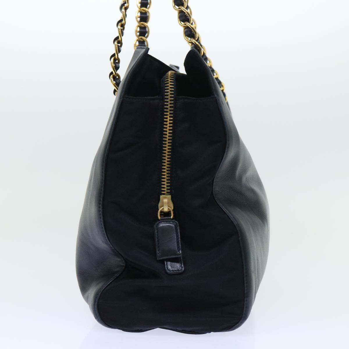 PRADA Chain Shoulder Bag Leather Navy Auth am4972