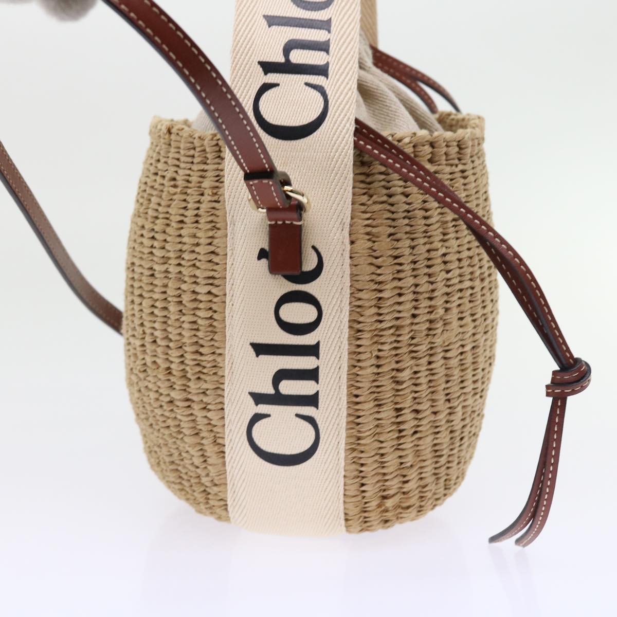 Chloe Small Woody Basket Shoulder Bag Straw Beige Auth am5021
