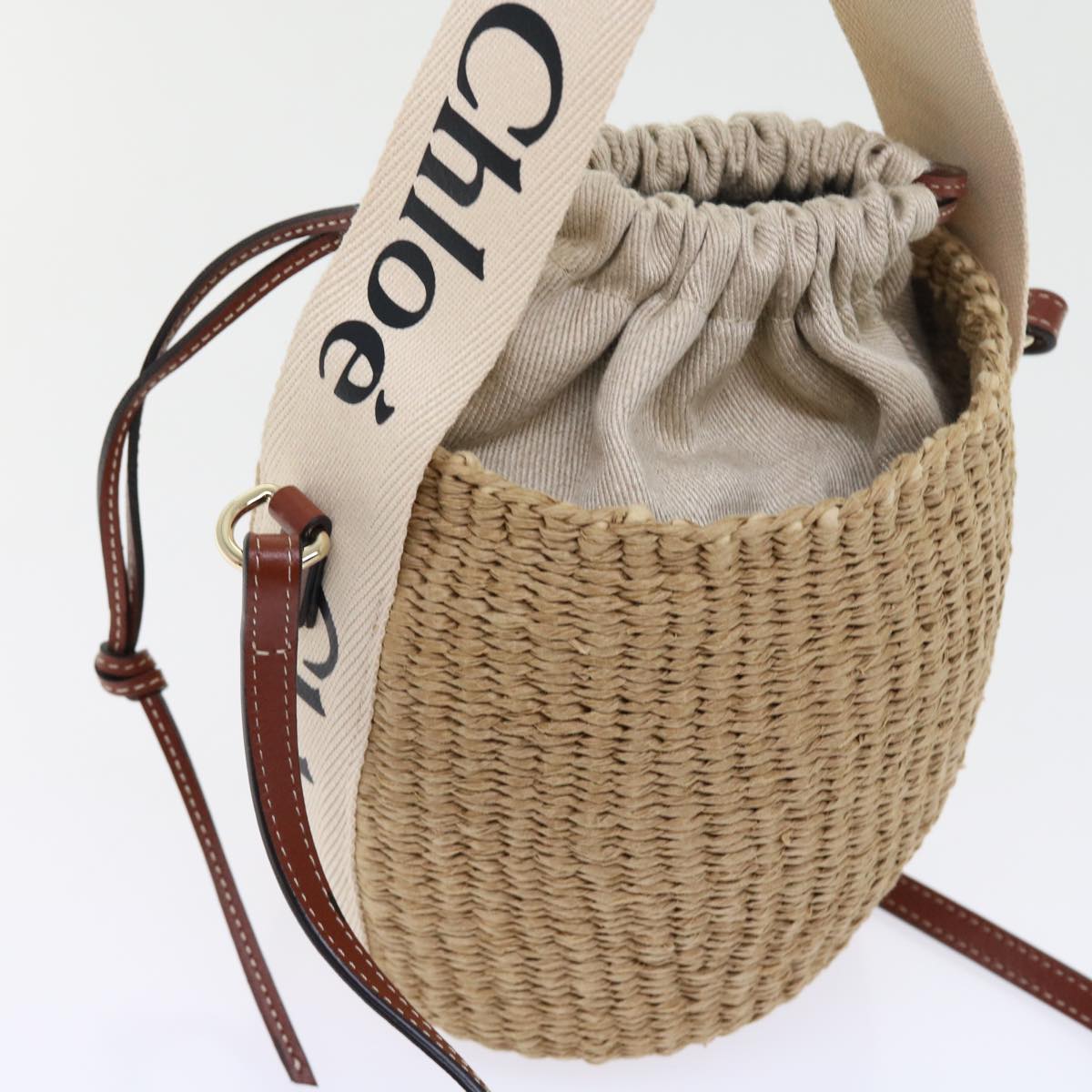 Chloe Small Woody Basket Shoulder Bag Straw Beige Auth am5021