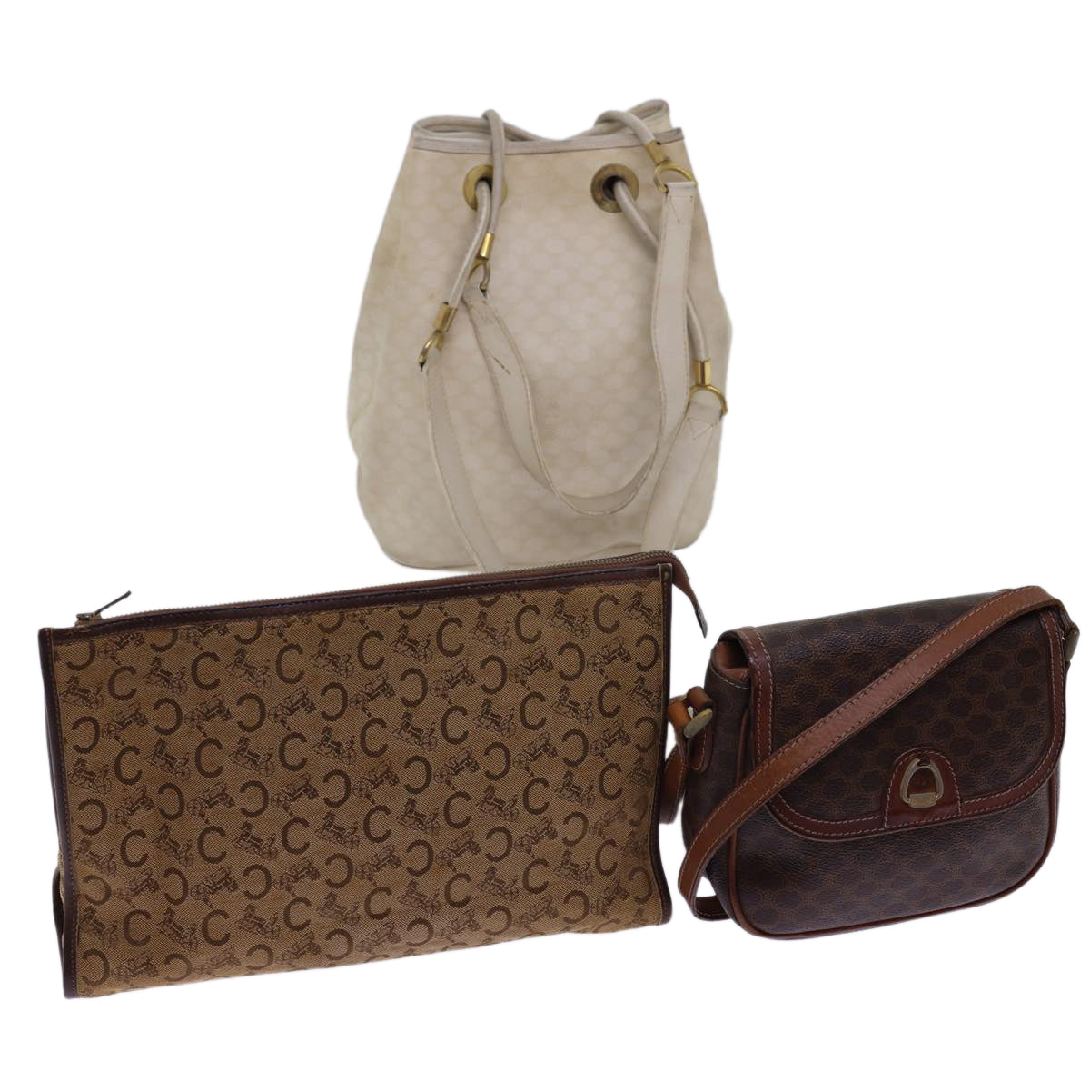 CELINE Shoulder Bag Canvas Leather 3Set Brown Beige Auth am5026