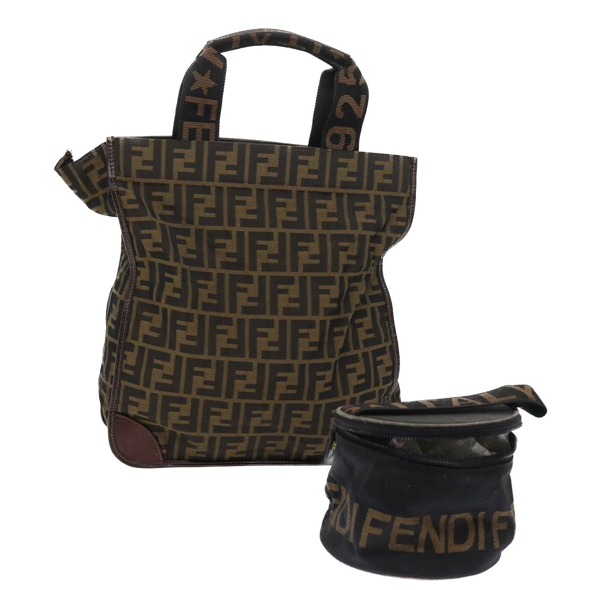 FENDI Zucca Canvas Hand Bag Nylon 2Set Brown Black Auth am5047